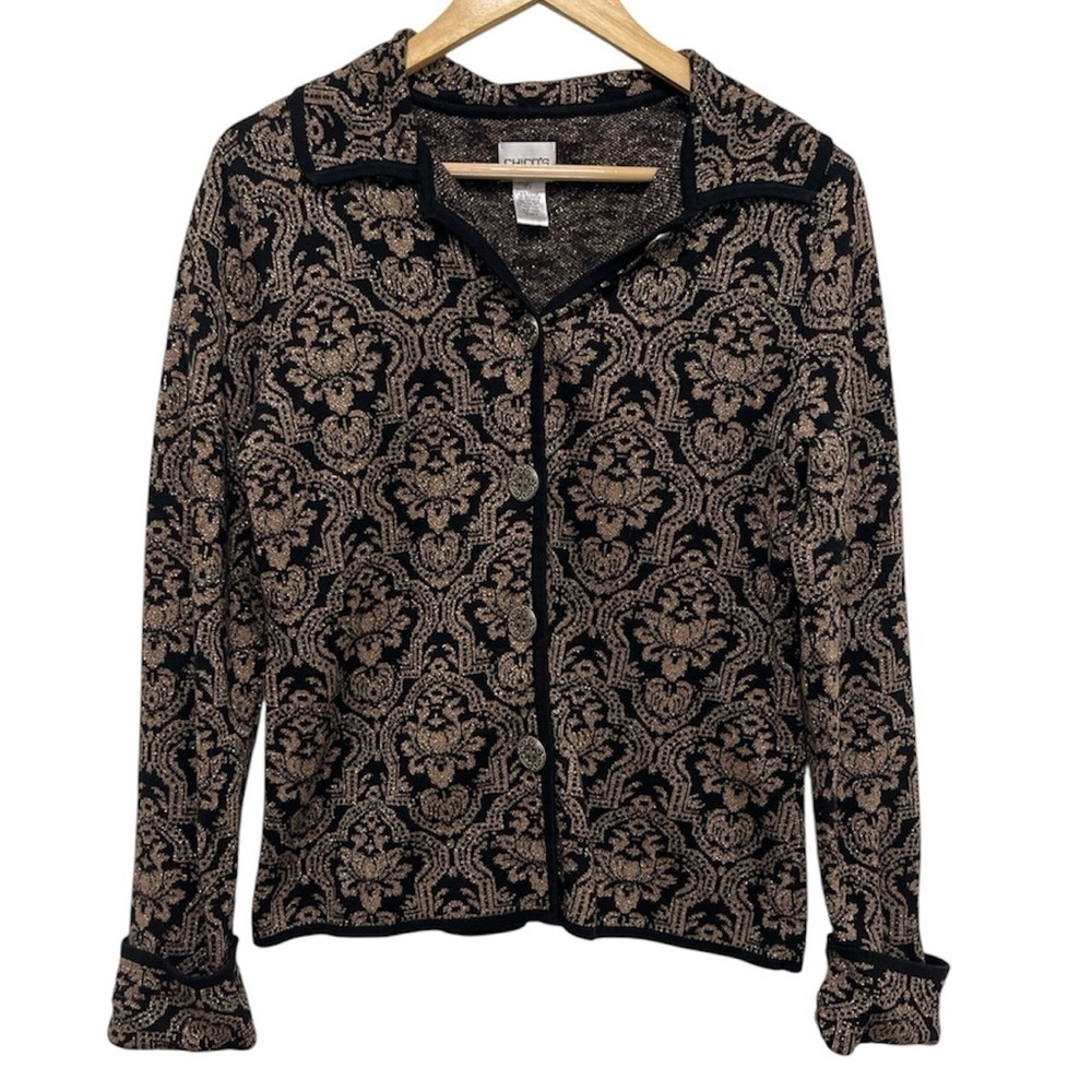 CHICOS Vintage Black Tan Gold Metallic Cardigan Sweater Chicos size 0 / US S 4-6